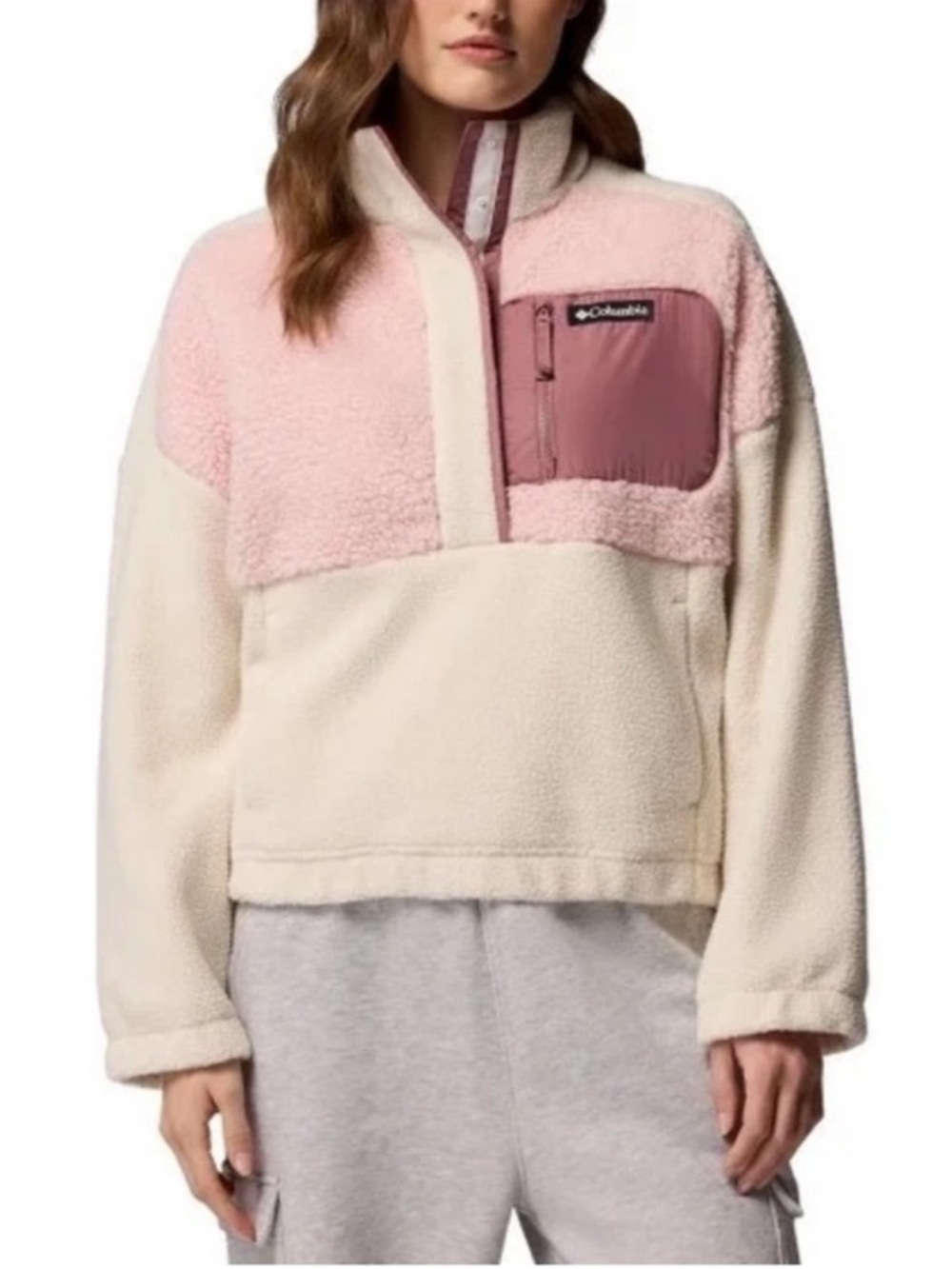 Columbia Lodge Sherpa Fleece Pullover Ivory Pink Quarter Snap SIZE XL Cozy
